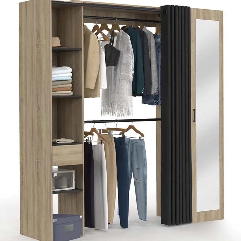 Dressing extensible MERYL 145/170 x 50 x 180 cm hêtre avec étagères + double penderie + miroir + rideau noir
