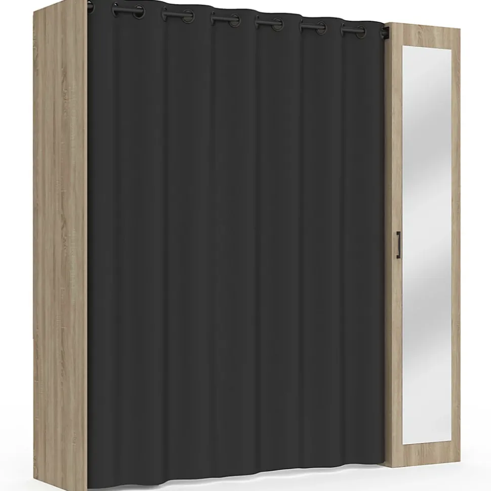 Dressing extensible MERYL 145/170 x 50 x 180 cm hêtre avec étagères + double penderie + miroir + rideau noir