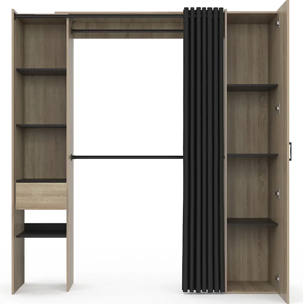 Dressing extensible MERYL 145/170 x 50 x 180 cm hêtre avec étagères + double penderie + miroir + rideau noir
