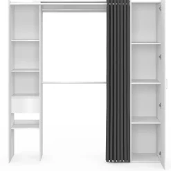 Dressing extensible MERYL 145/170 x 50 x 180 cm blanc avec étagères + double penderie + miroir + rideau gris