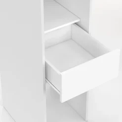 Dressing extensible MERYL 145/170 x 50 x 180 cm blanc avec étagères + double penderie + miroir + rideau gris