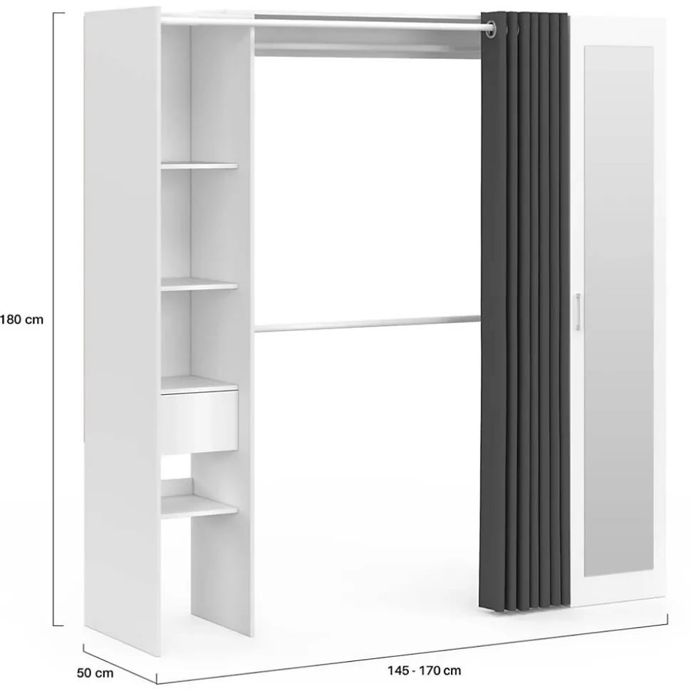 Dressing extensible MERYL 145/170 x 50 x 180 cm blanc avec étagères + double penderie + miroir + rideau gris
