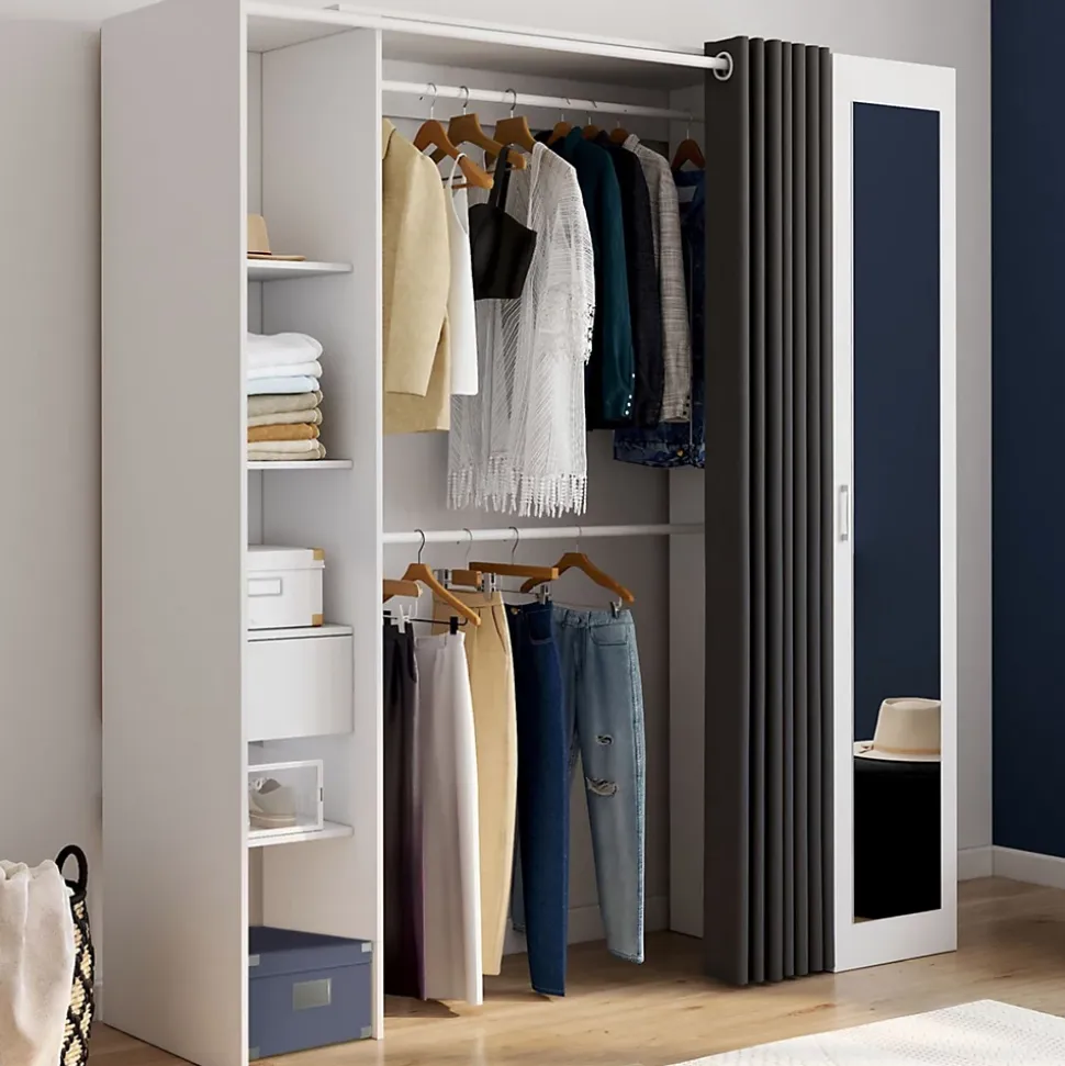 Dressing extensible MERYL 145/170 x 50 x 180 cm blanc avec étagères + double penderie + miroir + rideau gris