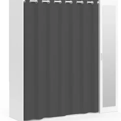 Dressing extensible MERYL 145/170 x 50 x 180 cm blanc avec étagères + double penderie + miroir + rideau gris