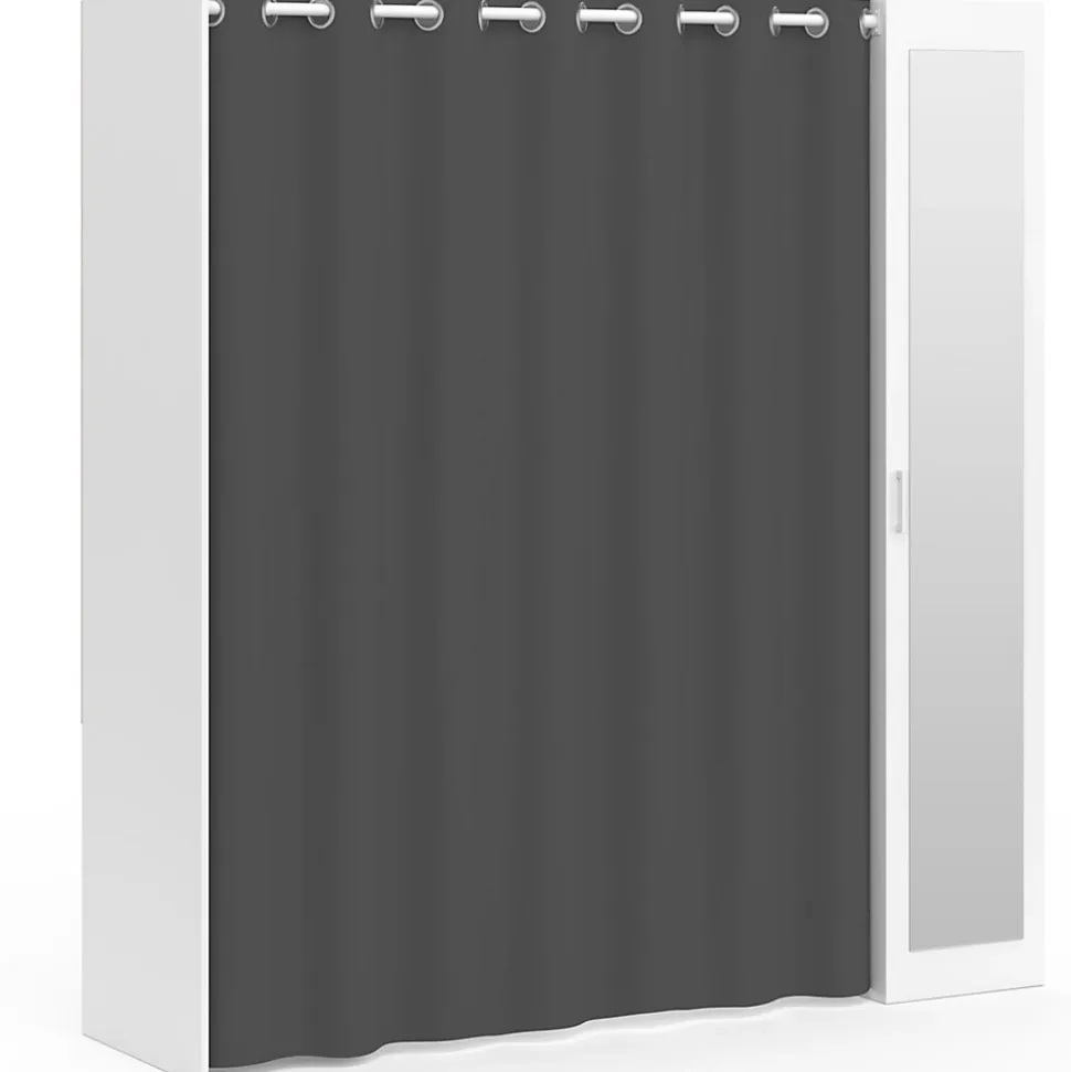 Dressing extensible MERYL 145/170 x 50 x 180 cm blanc avec étagères + double penderie + miroir + rideau gris