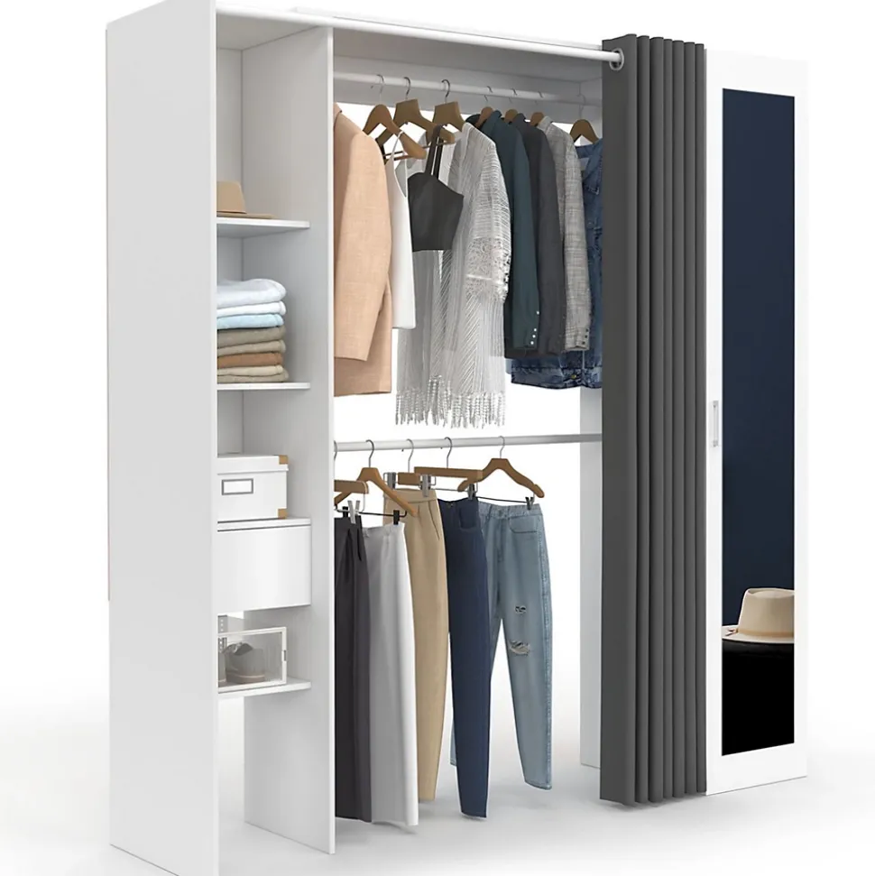 Dressing extensible MERYL 145/170 x 50 x 180 cm blanc avec étagères + double penderie + miroir + rideau gris