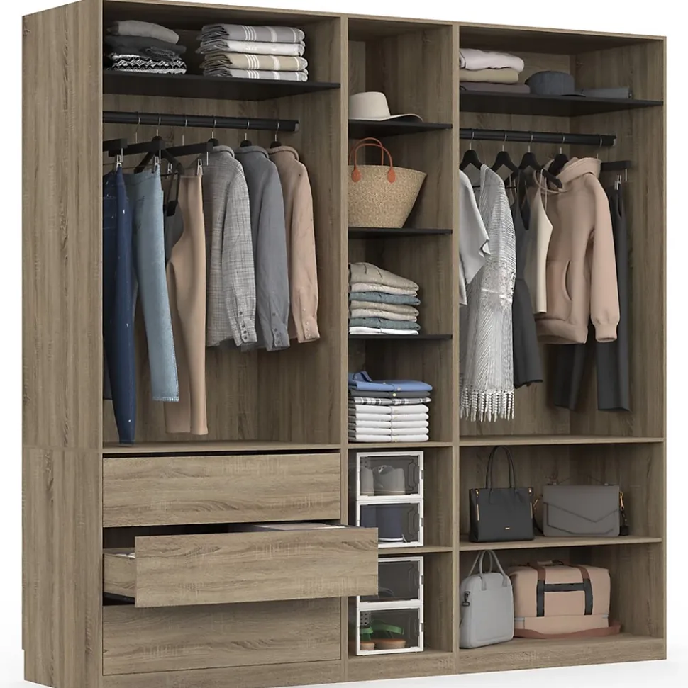 Dressing modulable TAYLOR 200 x 55 x 200 cm 3 modules avec penderies + étagères + tiroirs hêtre et noir