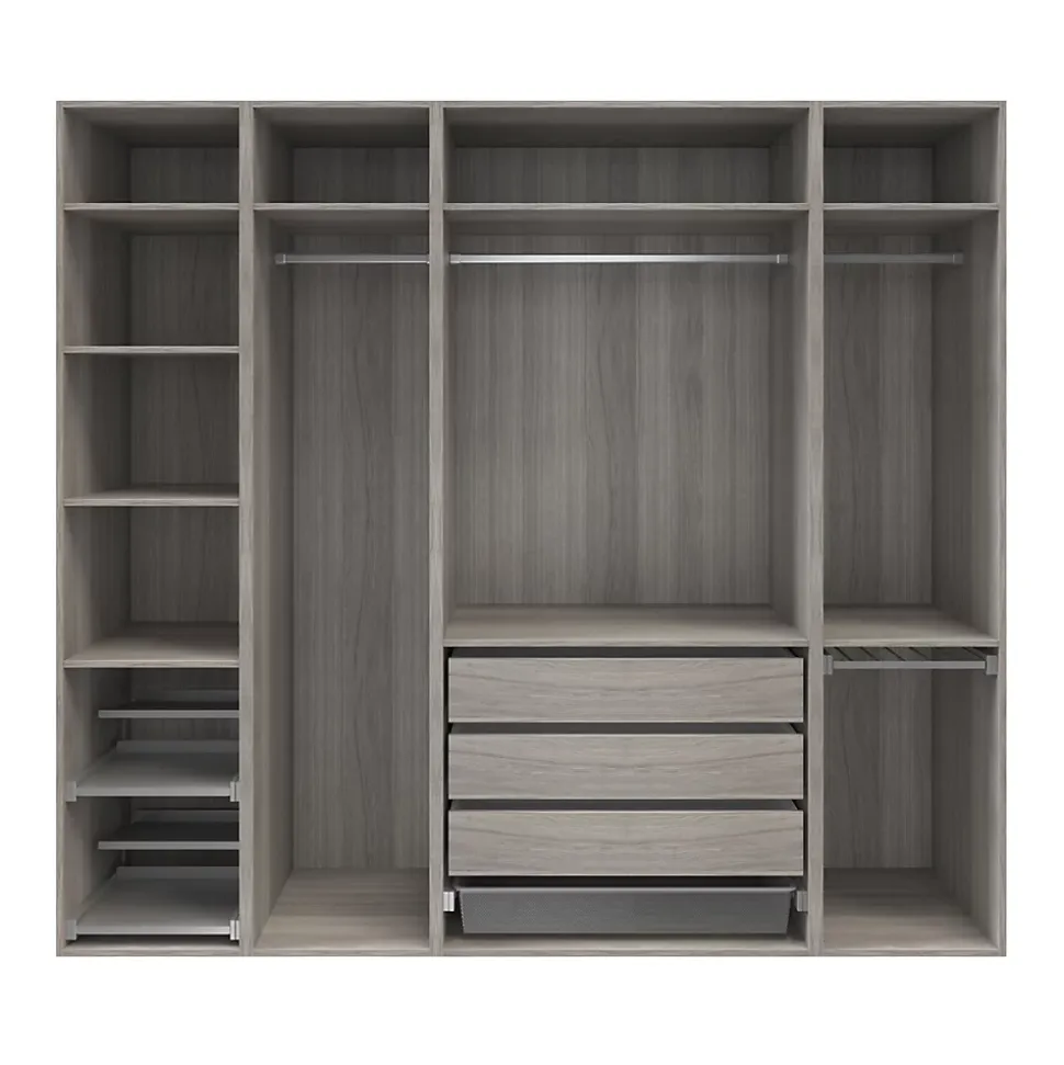 Dressing ouvert avec tiroirs et portes chaussures effet chêne grisé GoodHome Atomia H. 225 x L. 250 x P. 58 cm