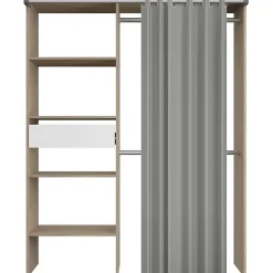 Dressing PARISOT GARY décor chêne et blanc avec rideau gris L143,5 x P47,9 x H201,9 cm