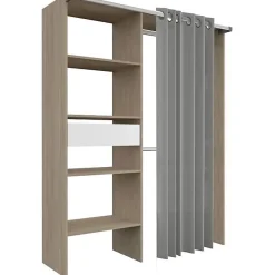 Dressing PARISOT GARY décor chêne et blanc avec rideau gris L143,5 x P47,9 x H201,9 cm