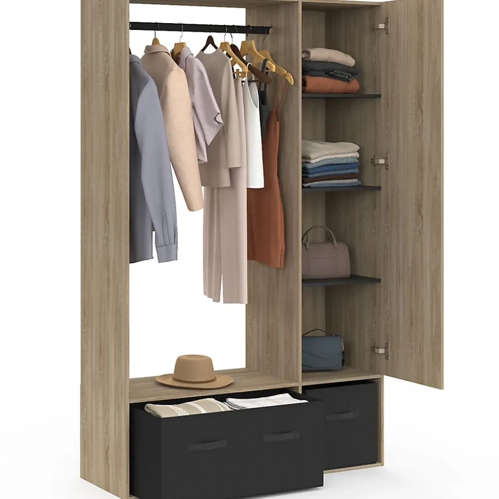 Dressing penderie BERENICE 105 x 40 x 172 cm hêtre avec étagères + boites de rangement noires + miroir