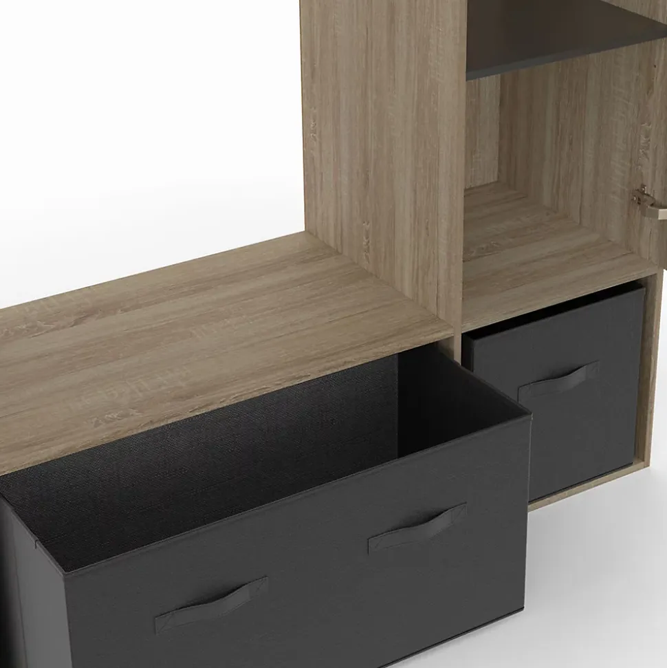 Dressing penderie BERENICE 105 x 40 x 172 cm hêtre avec étagères + boites de rangement noires + miroir