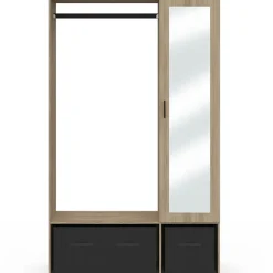 Dressing penderie BERENICE 105 x 40 x 172 cm hêtre avec étagères + boites de rangement noires + miroir