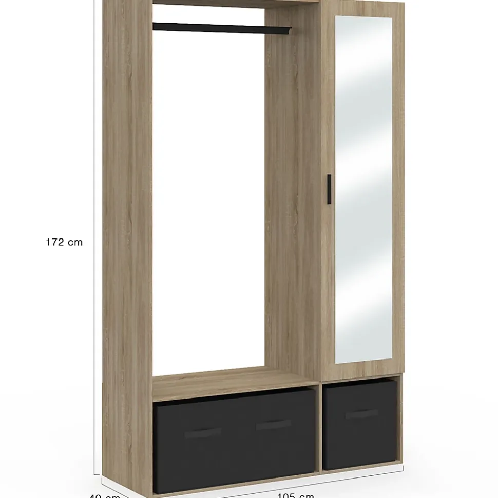 Dressing penderie BERENICE 105 x 40 x 172 cm hêtre avec étagères + boites de rangement noires + miroir