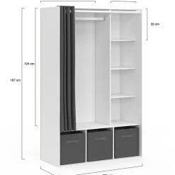 Dressing penderie DIANE 105 x 45 x 167 cm blanc avec étagères + boites de rangement + rideau gris