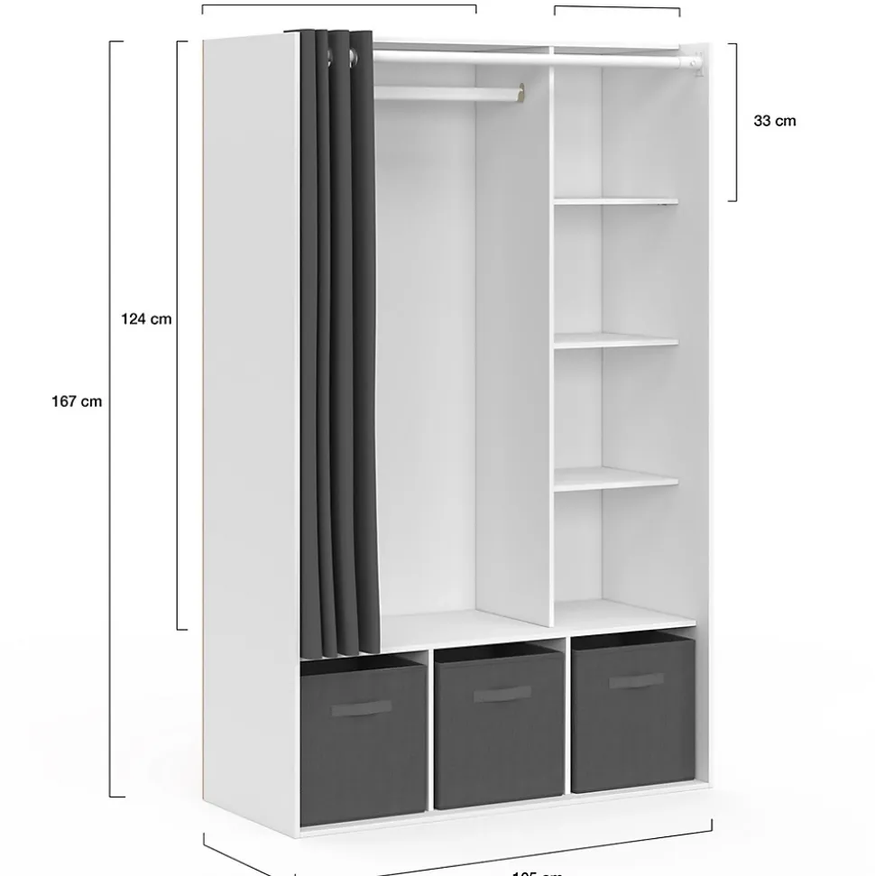 Dressing penderie DIANE 105 x 45 x 167 cm blanc avec étagères + boites de rangement + rideau gris