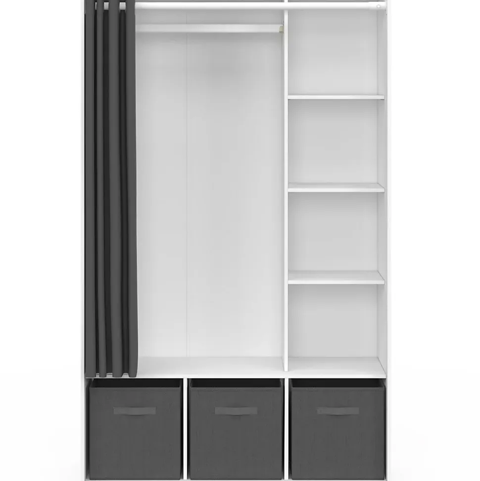 Dressing penderie DIANE 105 x 45 x 167 cm blanc avec étagères + boites de rangement + rideau gris