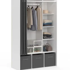 Dressing penderie DIANE 105 x 45 x 167 cm blanc avec étagères + boites de rangement + rideau gris