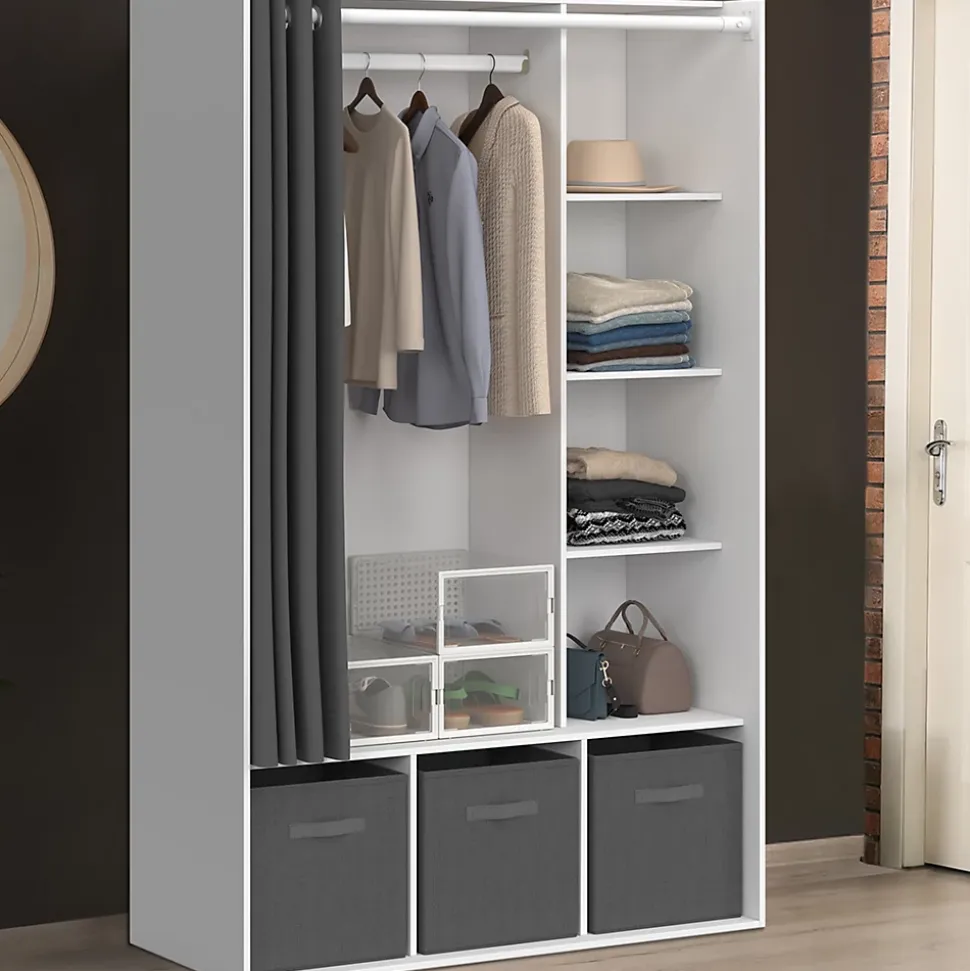 Dressing penderie DIANE 105 x 45 x 167 cm blanc avec étagères + boites de rangement + rideau gris