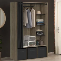 Dressing penderie DIANE 105 x 45 x 167 cm hêtre avec étagères + boites de rangement + rideau noir