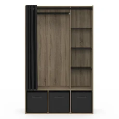 Dressing penderie DIANE 105 x 45 x 167 cm hêtre avec étagères + boites de rangement + rideau noir