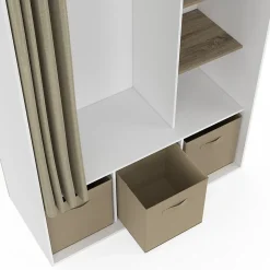 Dressing penderie DIANE 105 x 45 x 167 cm blanc avec étagères + boites de rangement + rideau taupe