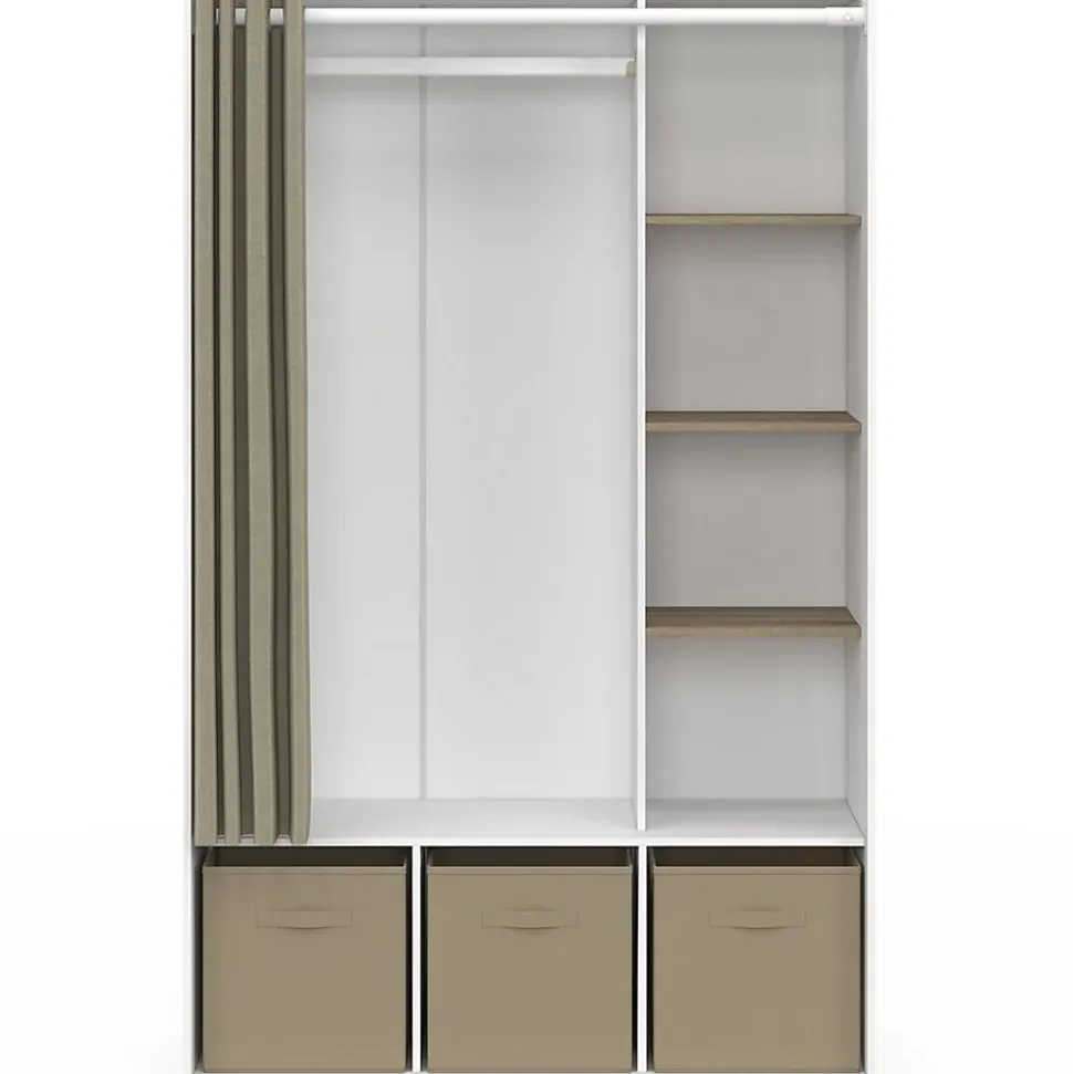 Dressing penderie DIANE 105 x 45 x 167 cm blanc avec étagères + boites de rangement + rideau taupe