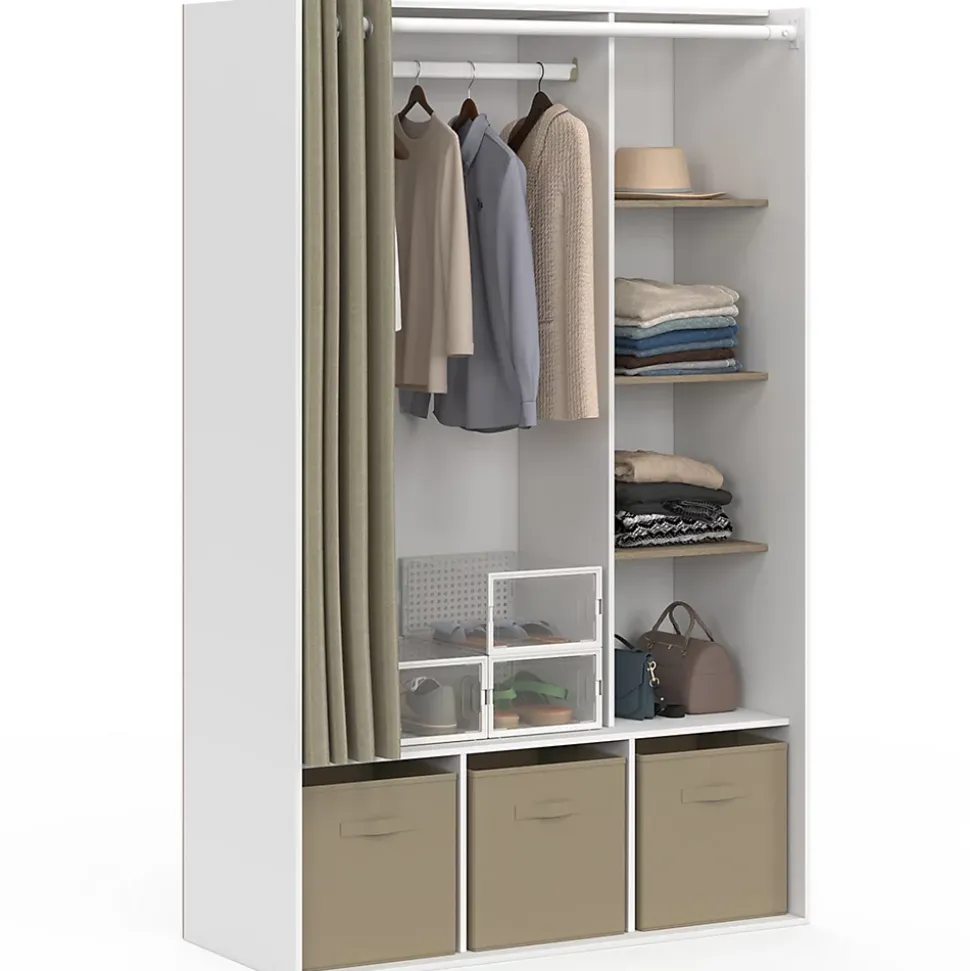 Dressing penderie DIANE 105 x 45 x 167 cm blanc avec étagères + boites de rangement + rideau taupe