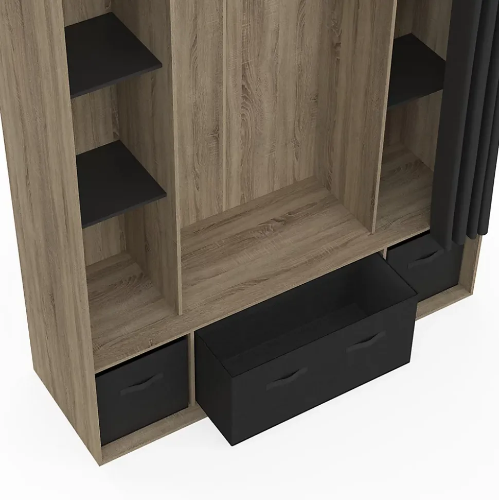 Dressing penderie DIANE 140 x 45 x 167 cm hêtre avec étagères + boites de rangement + rideau noir