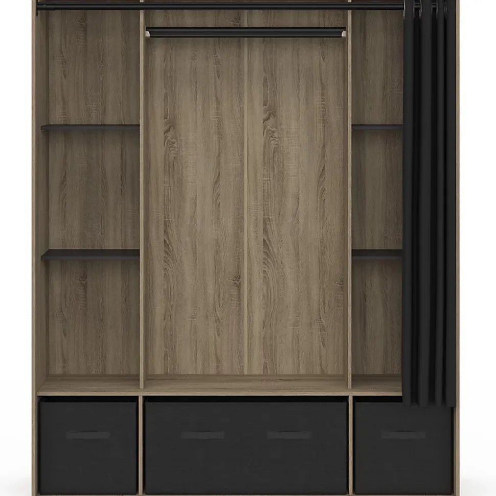 Dressing penderie DIANE 140 x 45 x 167 cm hêtre avec étagères + boites de rangement + rideau noir