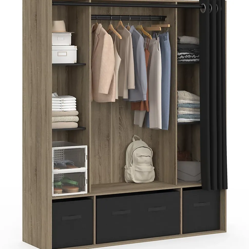 Dressing penderie DIANE 140 x 45 x 167 cm hêtre avec étagères + boites de rangement + rideau noir