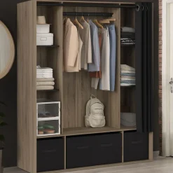 Dressing penderie DIANE 140 x 45 x 167 cm hêtre avec étagères + boites de rangement + rideau noir