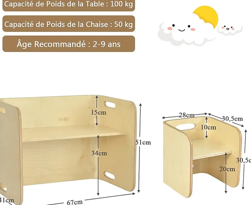 Emsemble de Table et Chaises en Bois de Bouleau,en Forme de U avec Poignees Rainurees et Coins Arrondis pour Salon,Chambre,bureau