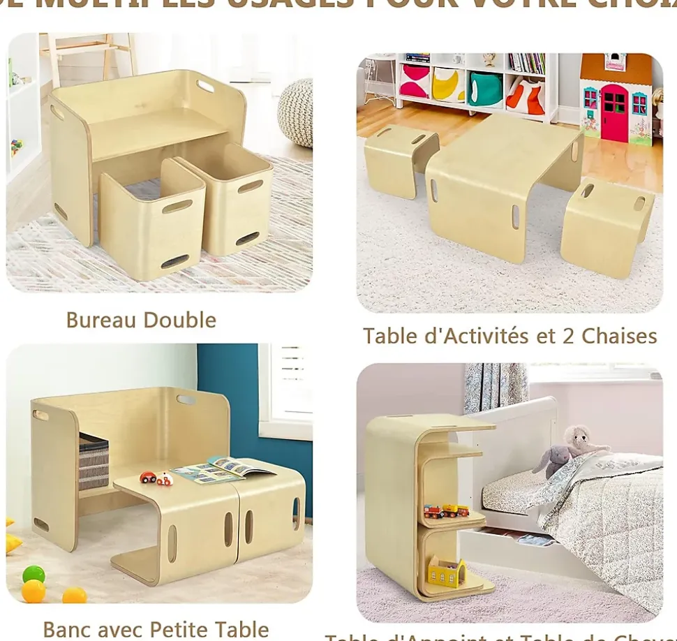 Emsemble de Table et Chaises en Bois de Bouleau,en Forme de U avec Poignees Rainurees et Coins Arrondis pour Salon,Chambre,bureau