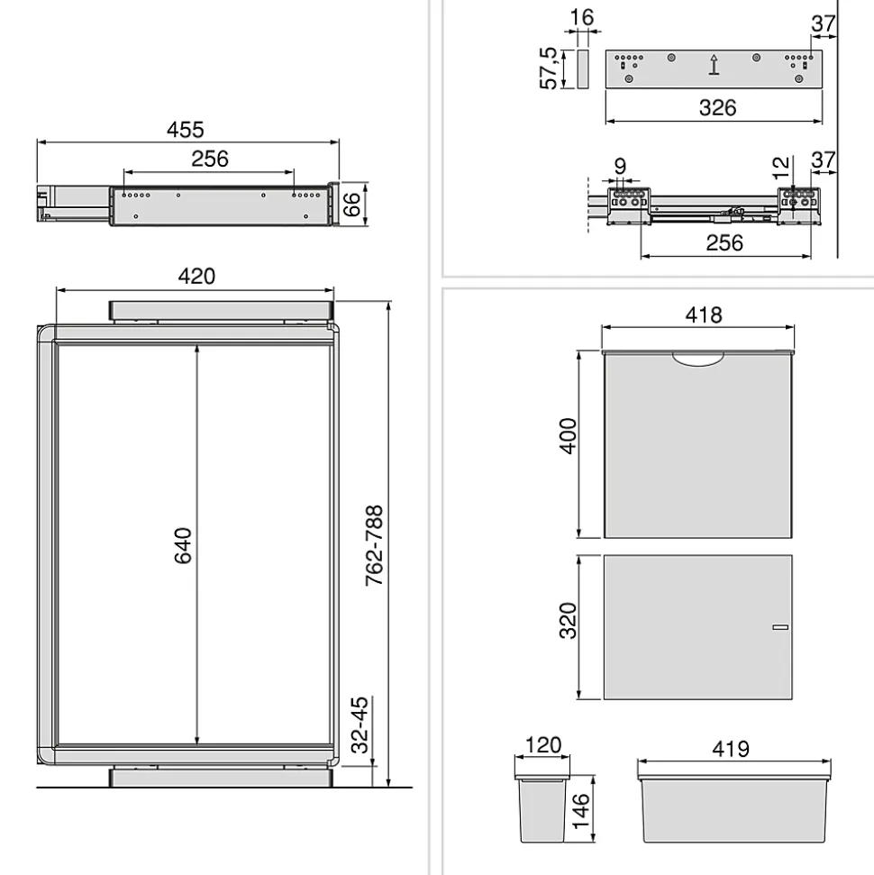 Emuca Kit 2 plateaus auxiliaires, 1 panier et rack ajustable Quartz pour armoires, glissières extension totale et à fermeture
