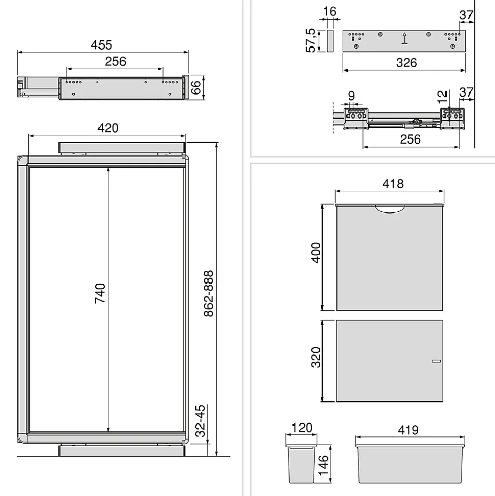 Emuca Kit 2 plateaus auxiliaires, 1 panier et rack ajustable Quartz pour armoires, glissières extension totale et à fermeture