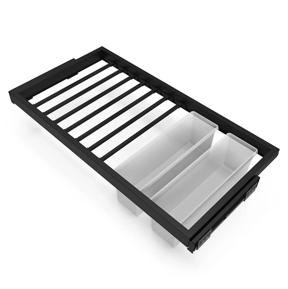 Emuca Kit de 7 porte-pantalons, 2 plateaux et cadre coulissant à fermeture douce pour armoires, réglable, module 900mm, Noir