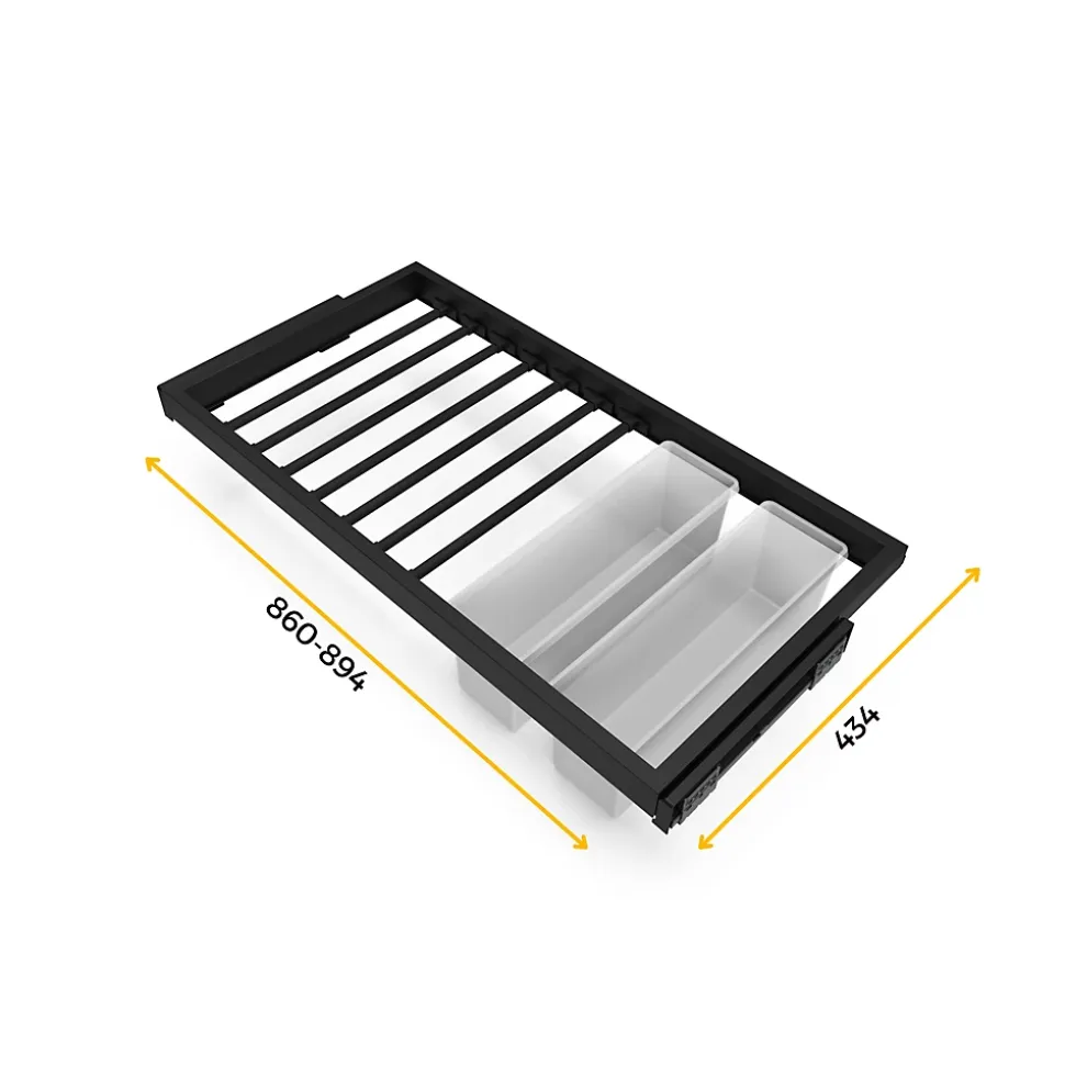 Emuca Kit de 7 porte-pantalons, 2 plateaux et cadre coulissant à fermeture douce pour armoires, réglable, module 900mm, Noir