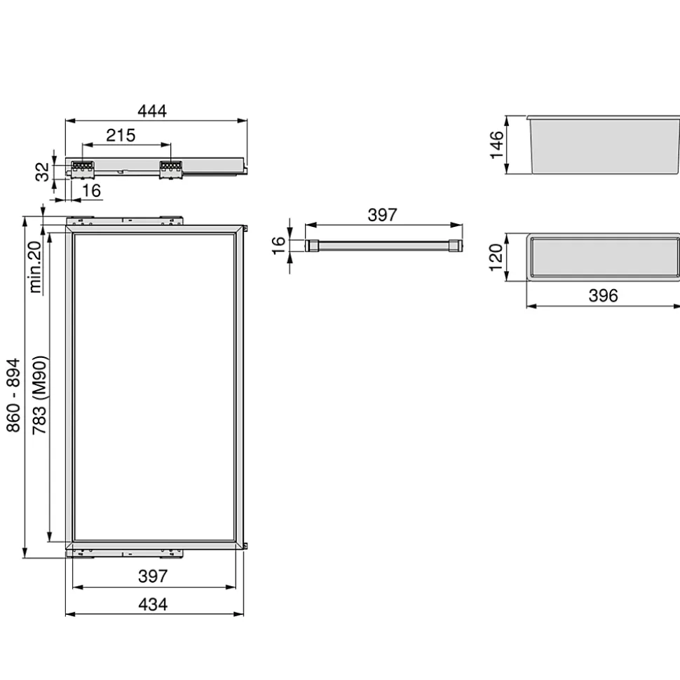 Emuca Kit de 7 porte-pantalons, 2 plateaux et cadre coulissant à fermeture douce pour armoires, réglable, module 900mm, Noir