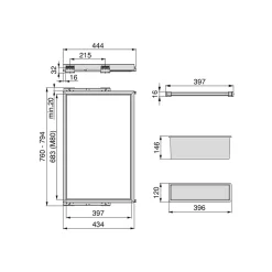 Emuca Kit de 7 porte-pantalons, 1 plateau et 1 cadre coulissant à fermeture douce pour armoires, réglable, module 800mm, Gris