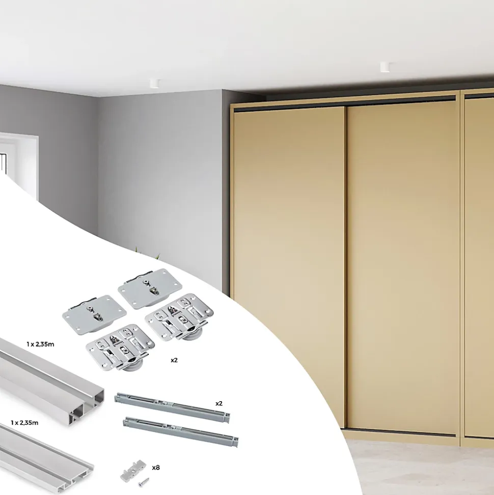 Emuca Kit de 2 portes coulissantes et Flow de ferrures pour armoires à fermeture souple avec rails de surface 2,35m, panneaux non