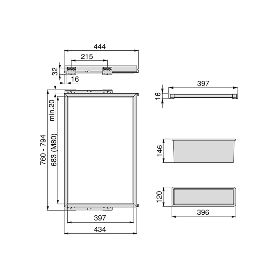 Emuca Kit de 7 tringles à pantalon, 1 plateau et cadre coulissant à fermeture douce pour armoires, réglable, module 800mm, Noir
