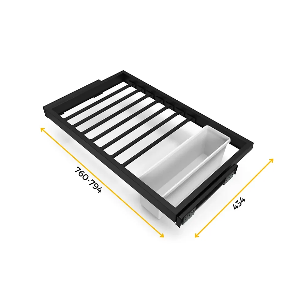 Emuca Kit de 7 tringles à pantalon, 1 plateau et cadre coulissant à fermeture douce pour armoires, réglable, module 800mm, Noir