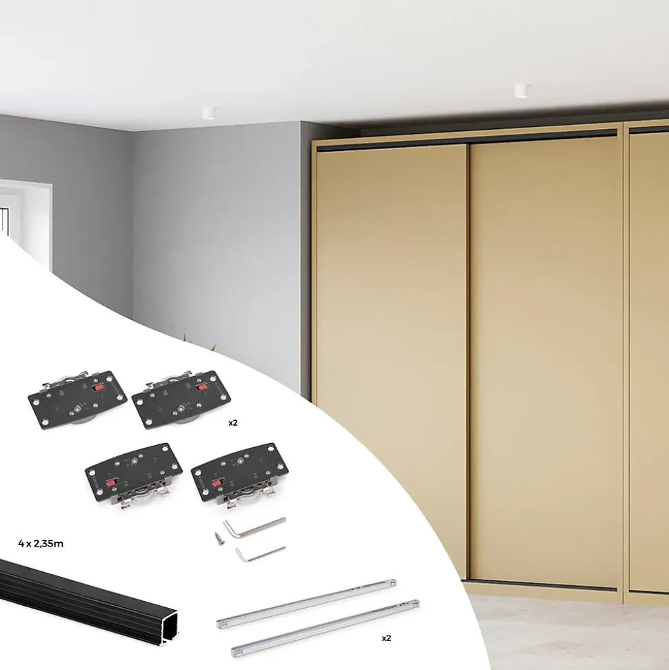 Emuca Kit de ferrures pour Flow2 2 portes coulissantes et à fermeture souple avec rails encastrés 2,35m, panneaux non inclus,