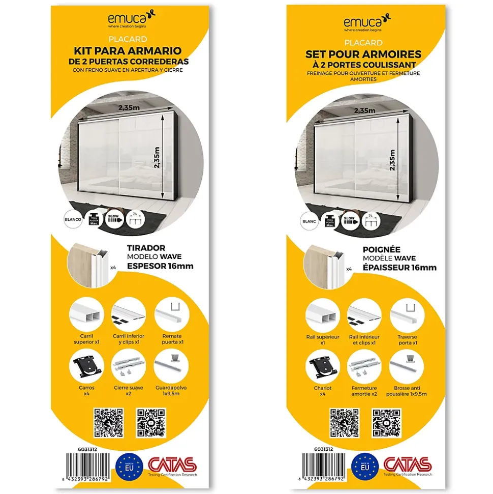 Emuca Kit de ferrures pour 2 portes coulissantes et armoire à fermeture souple Placard 74, profilé Wave, épaisseur 16mm, panneaux