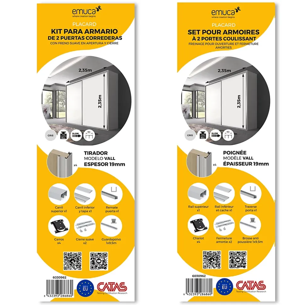 Emuca Kit de ferrures pour Placard 90 2 portes coulissantes et armoire à fermeture souple, profilé Vall, épaisseur 19mm, panneaux