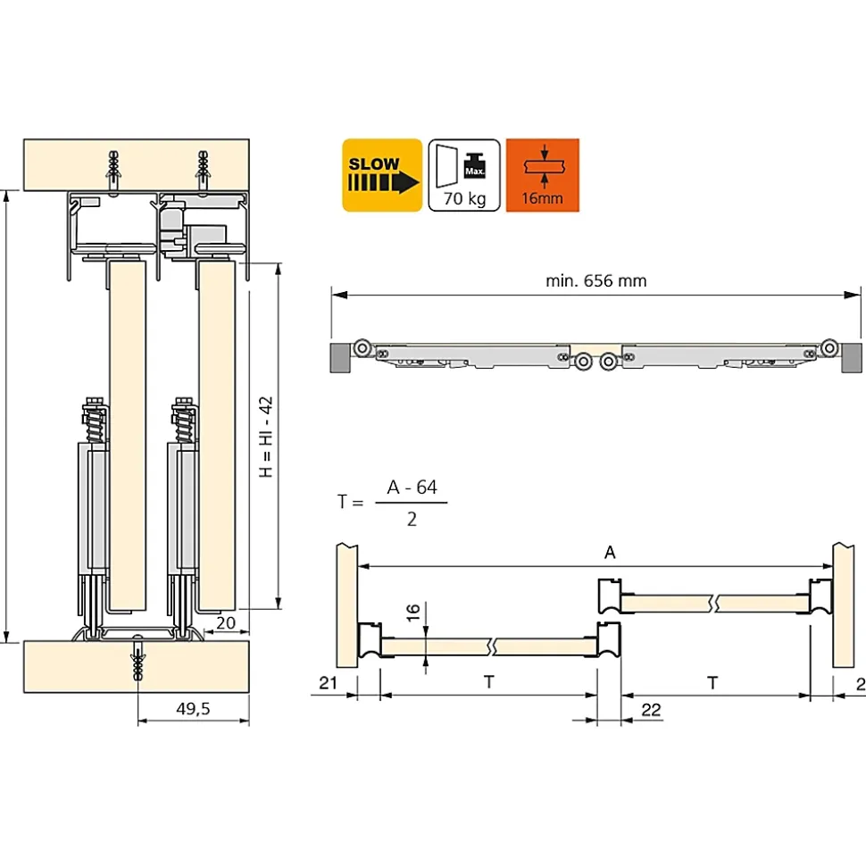 Emuca Kit de ferrures pour Placard 81 2 coulissants et fermeture souple, profilé Wave, épaisseur 16mm, panneaux non inclus,