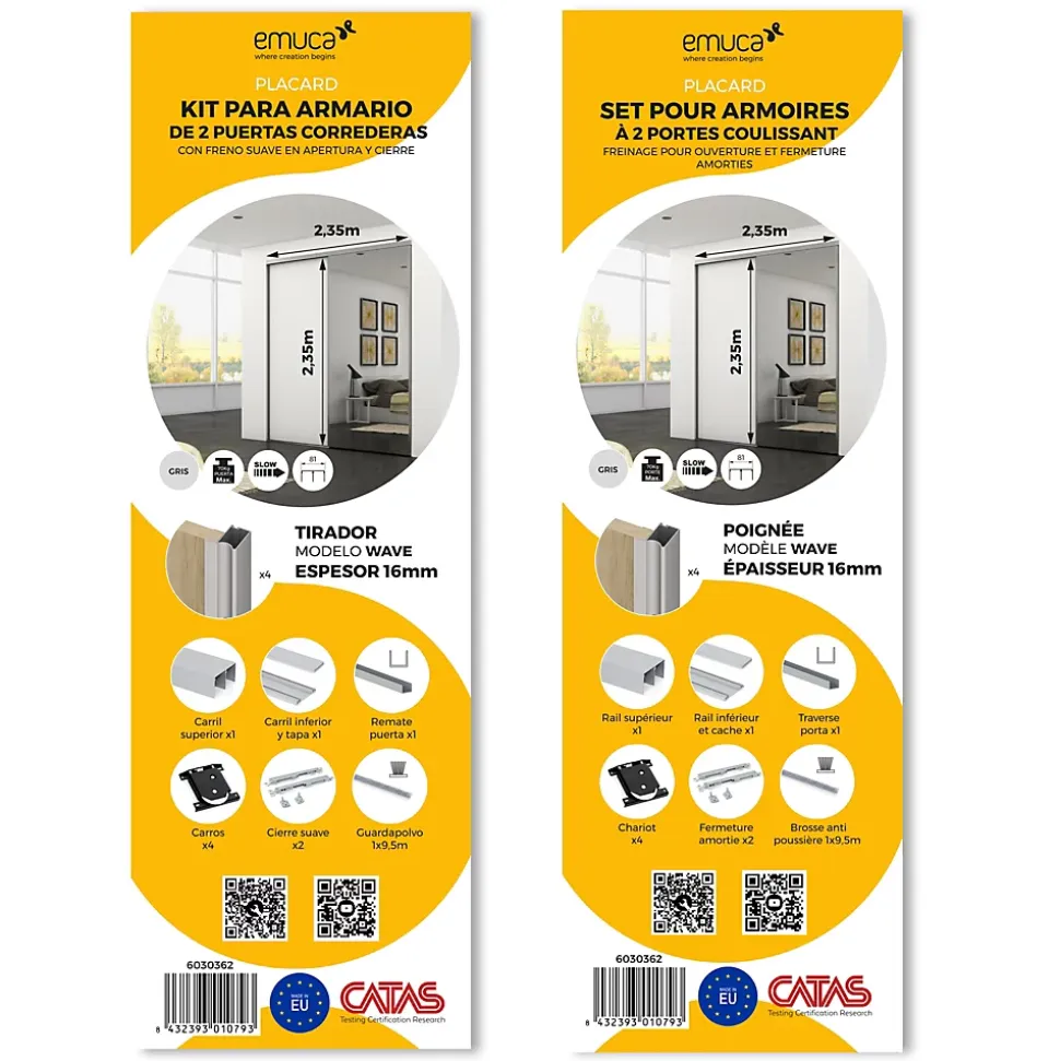 Emuca Kit de ferrures pour Placard 81 2 coulissants et fermeture souple, profilé Wave, épaisseur 16mm, panneaux non inclus,