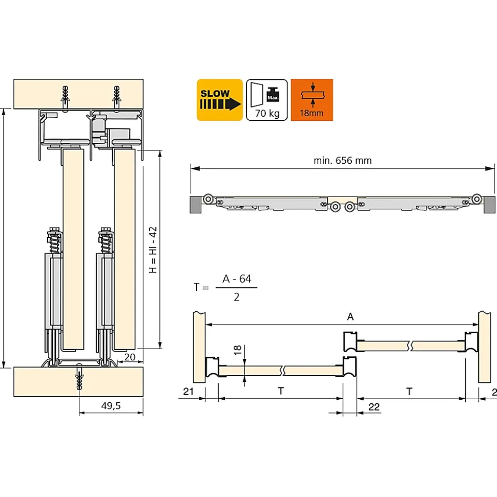 Emuca Kit de ferrures pour Placard 81 2 coulissants et fermeture souple, profilé Wave, épaisseur 18mm, panneaux non inclus,