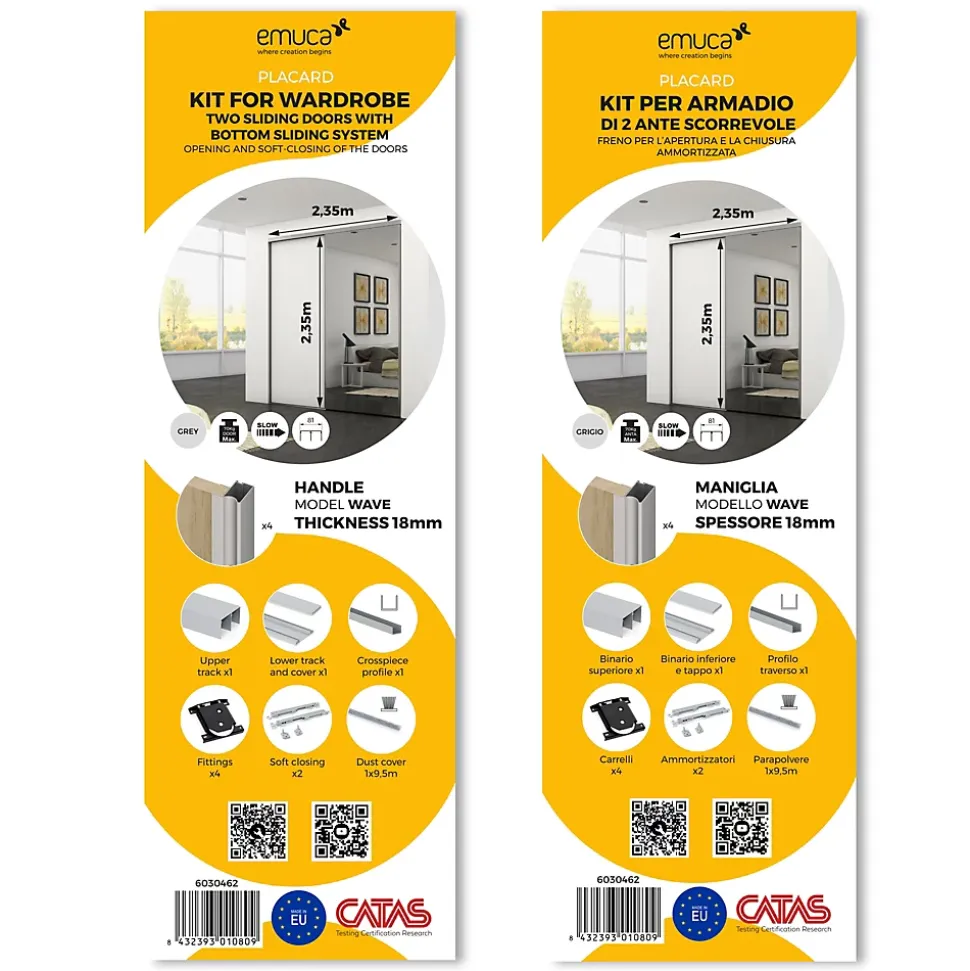 Emuca Kit de ferrures pour Placard 81 2 coulissants et fermeture souple, profilé Wave, épaisseur 18mm, panneaux non inclus,